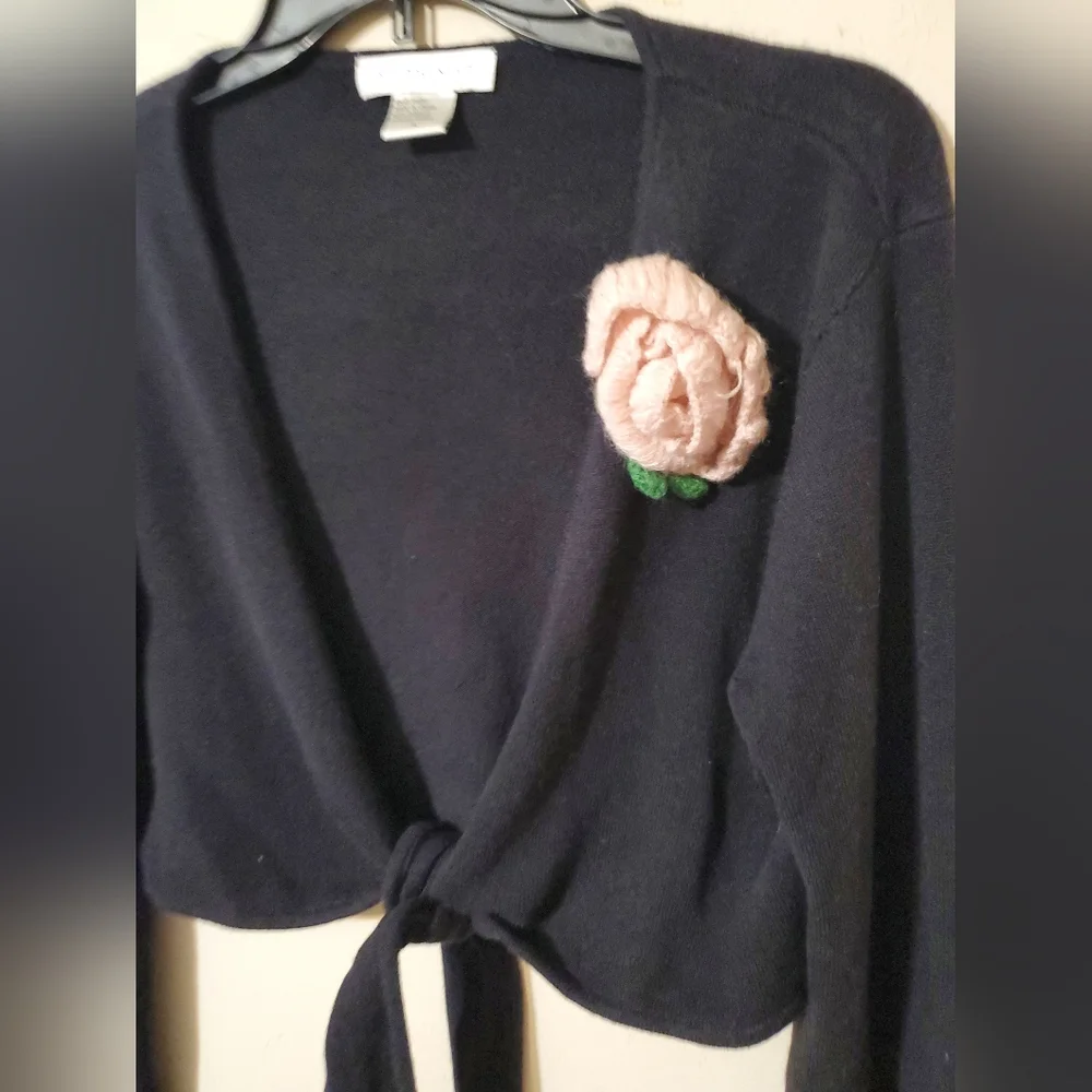 Vintage Style Black Tie Front Sweater Cardigan with Pink Flower Accent - Picture 2 of 5